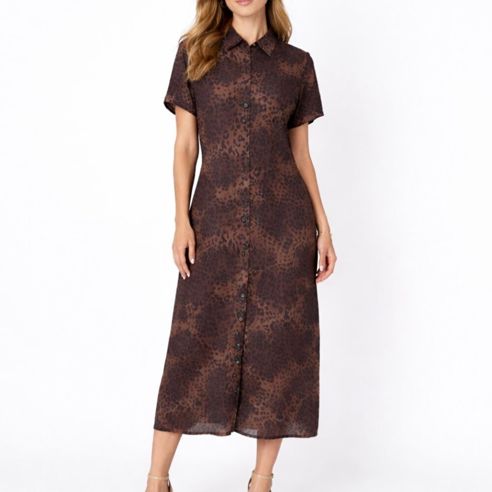 Sag Harbor Midi Dress 14P Brown Animal Print Chiffon Button Front Belt New